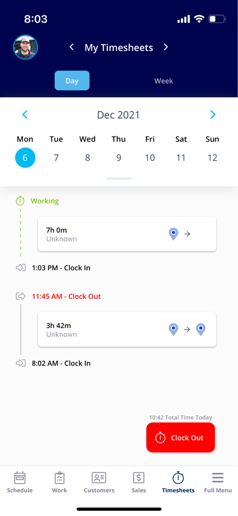 FieldPulse mobile app dashboard showing employee daily timesheets with clock in and clock out times