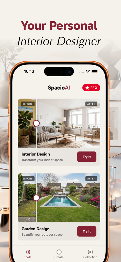 Spacio AI: AI Interior Design - Spacio AI app interface showing interior and garden design options with before and after sliders