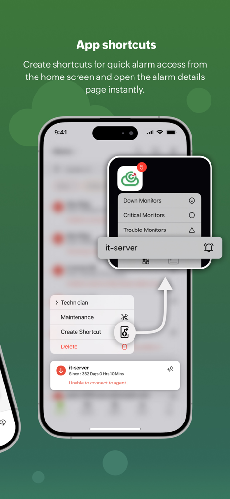 Site24x7 - Interfaz de la aplicación Site24x7 que muestra cómo crear atajos en la pantalla de inicio para un acceso rápido a las alarmas de TI.