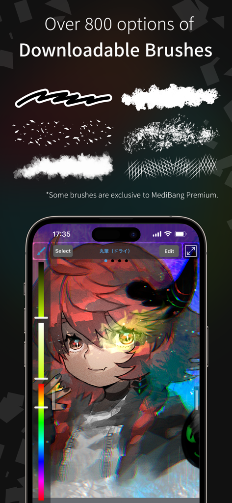 MediBang Paint for iPhone - MediBang Paint for iPhone screen showing various digital brush styles and a colorful manga character illustration