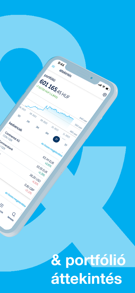 Pantalla de la aplicación KH mobiltrader que muestra el saldo del portafolio y la lista de seguimiento del mercado de valores