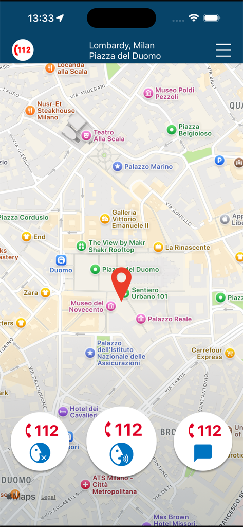 112 Where ARE U - Screenshot of the 112 Where Are U app showing a map of Milan with emergency call options for silent call voice call and chat