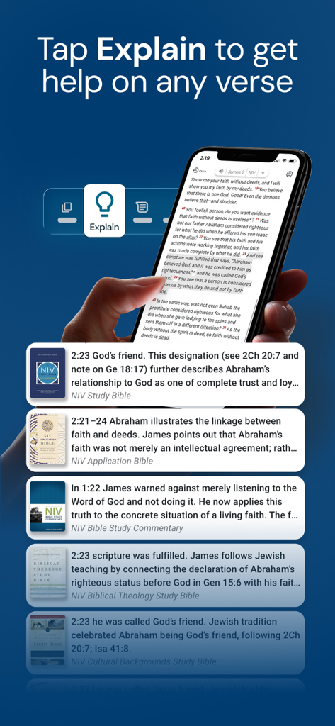 A person using the Explain feature in the NIV Bible app to access multiple study Bible commentaries for a single verse.