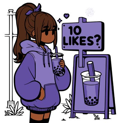 girl with oversized hoodie drinking boba and she has a high ponytail with a sign that says 10likes?