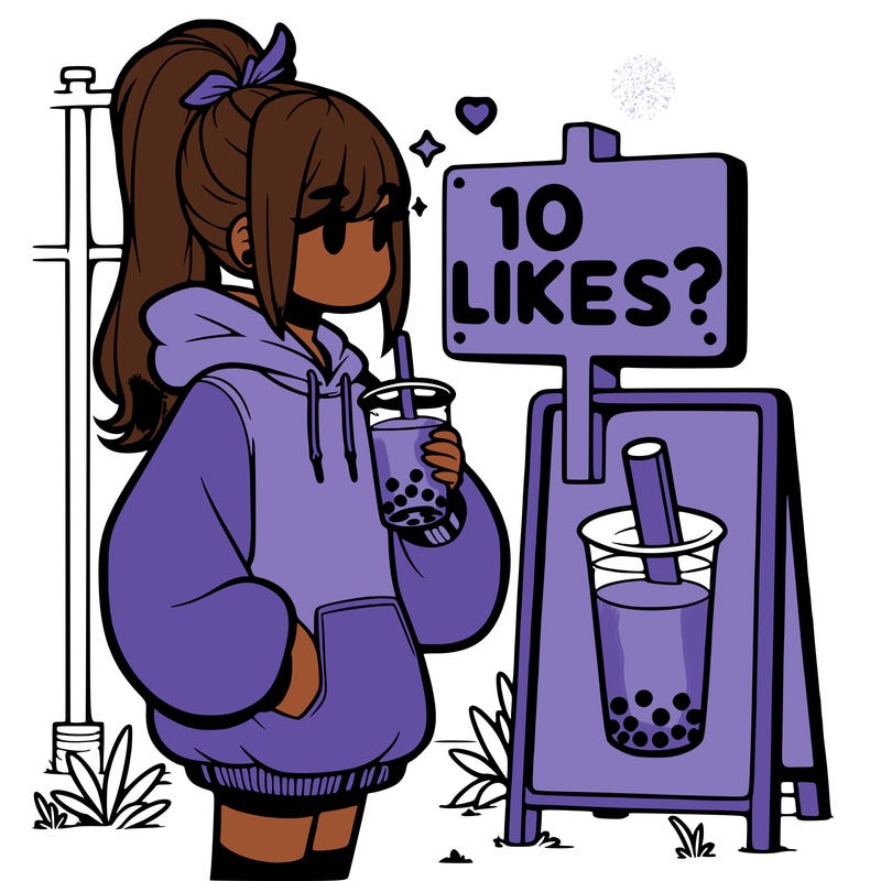 girl with oversized hoodie drinking boba and she has a high ponytail with a sign that says 10likes?
