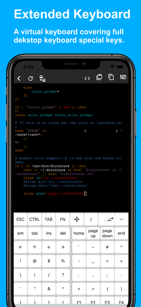 Termux Pro - iPhone screen showing Termux Pro app with a terminal interface and an extended virtual keyboard including desktop special keys