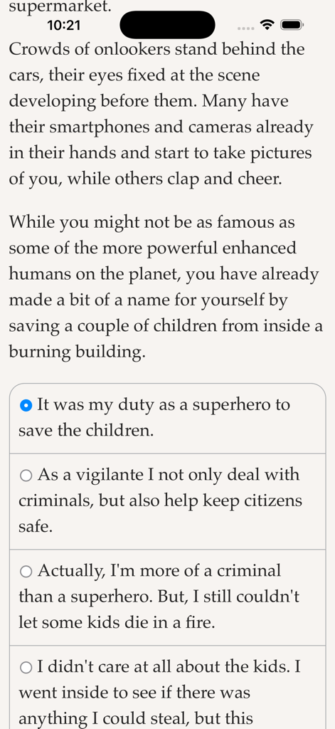 A text-based interactive story screen showing narrative text and multiple-choice options for a superhero character.