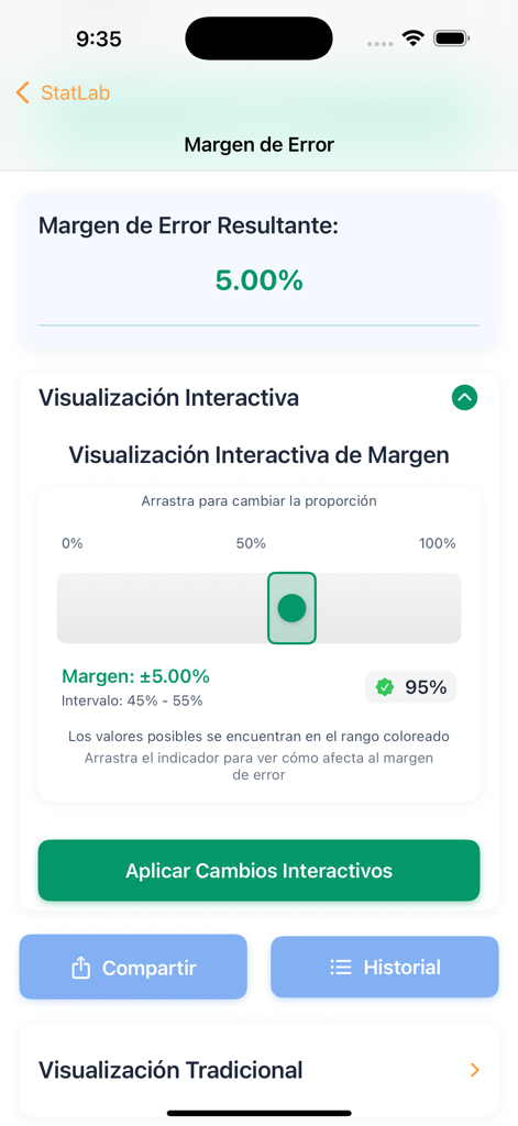 StatLab - Interfaz de la aplicación StatLab que muestra un cálculo de margen de error del 5,00 por ciento con un control deslizante de proporción interactivo.