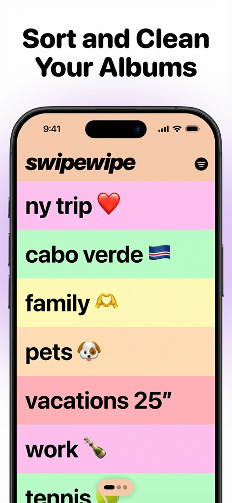 Photo Cleaner: Swipewipe - Una interfaz móvil para ordenar álbumes de fotos por categoría en la aplicación Swipewipe.