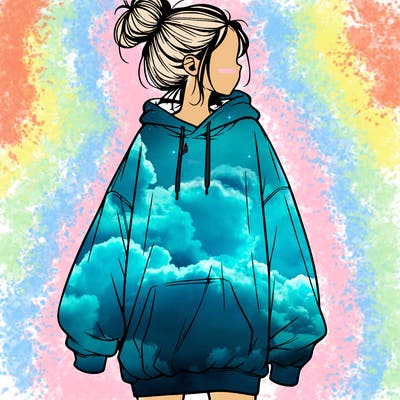 realistic girl with a oversized sweatshirt on and a bun
