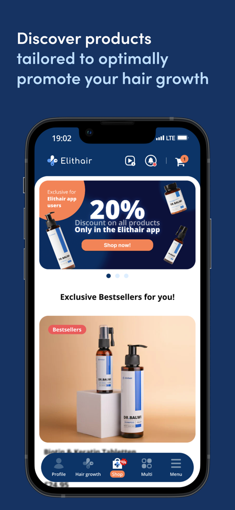 Elithair - Elithair mobile app shop screen featuring hair growth products and a twenty percent discount offer.