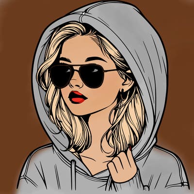 realistic teenage girl, wearing a hoodie and sunglasses