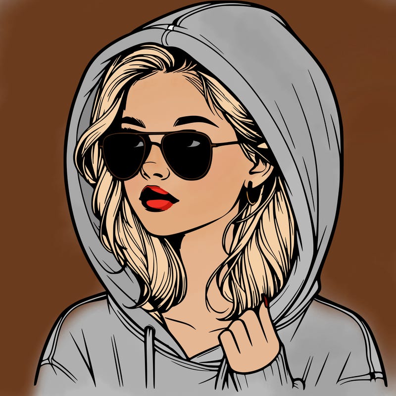 realistic teenage girl, wearing a hoodie and sunglasses