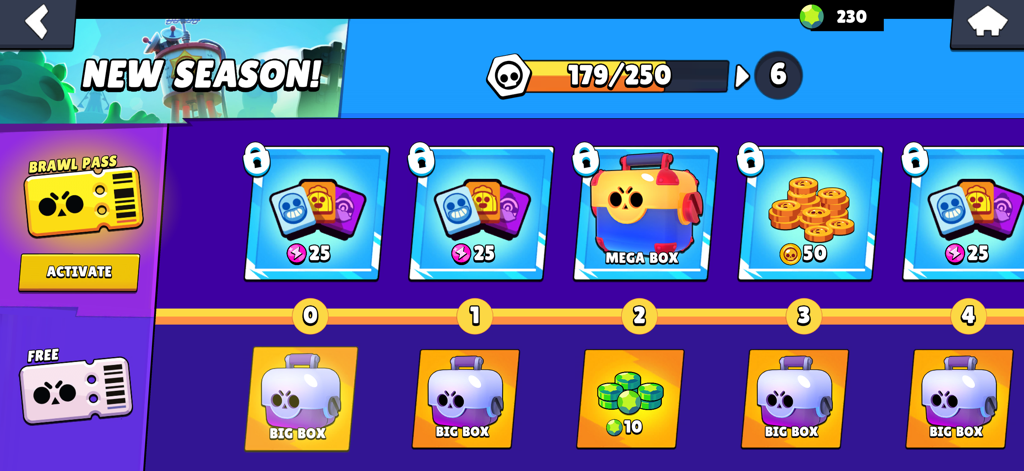 Interface of the Brawl Pass in Box Simulator Brawl Stars showing free and premium reward tracks with Mega Boxes and gems