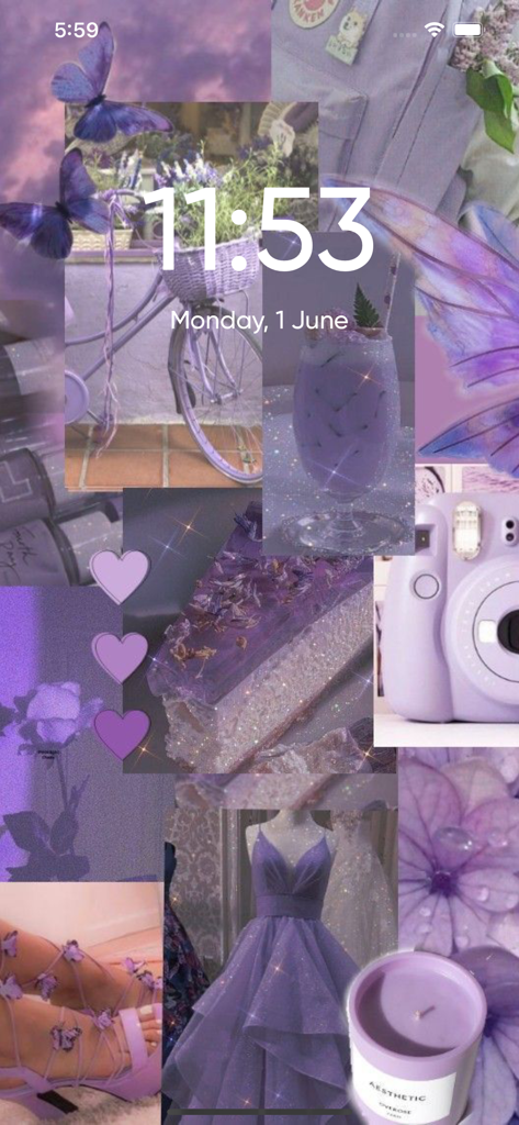 Fondo de pantalla de bloqueo collage estético púrpura preppy con mariposas y efectos de brillo