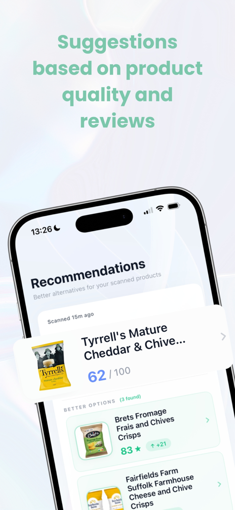 Sift - Real Product Reviews - Interfaz de la aplicación Sift que muestra recomendaciones de productos y alternativas de mejor calidad para snacks escaneados.