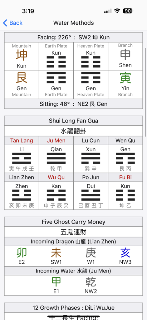 Technical screen of the Feng Shui Master app showing Water Methods calculations and Shui Long Fan Gua hexagrams.
