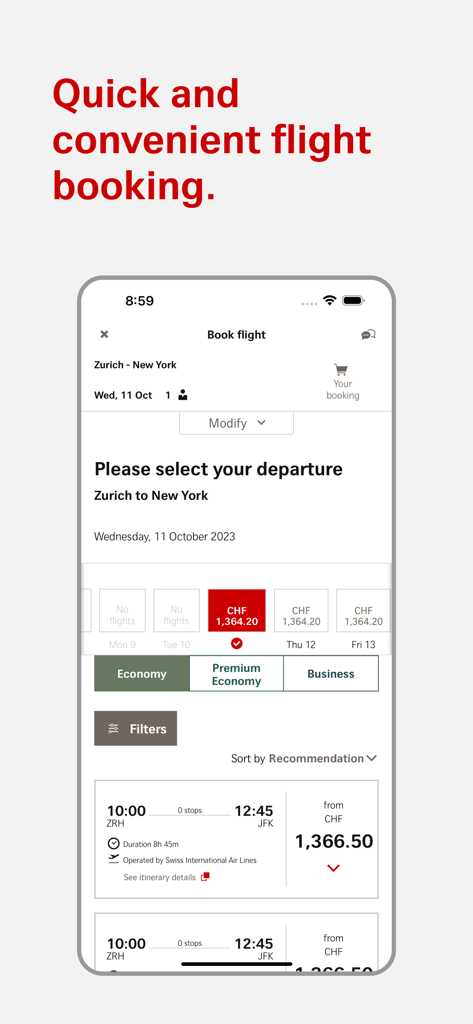 SWISS Mobile-App-Bildschirm mit Flugbuchungsoptionen von Zürich nach New York.