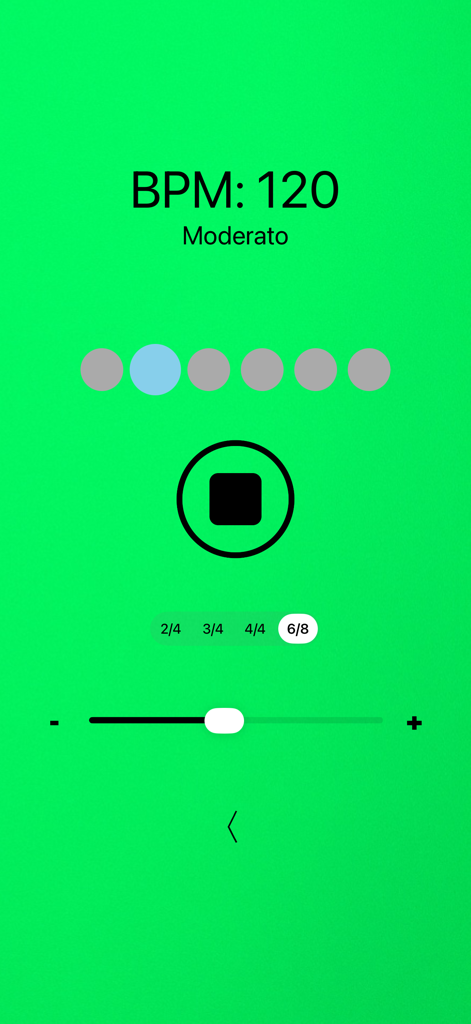 Metronome interface of the Cello Tuner Basic app showing 120 BPM Moderato tempo with time signature options.