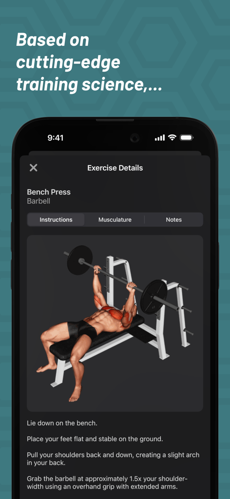 MyFitCoach - Workout Planner - Bench press tutorial with muscle highlights and step-by-step instructions
