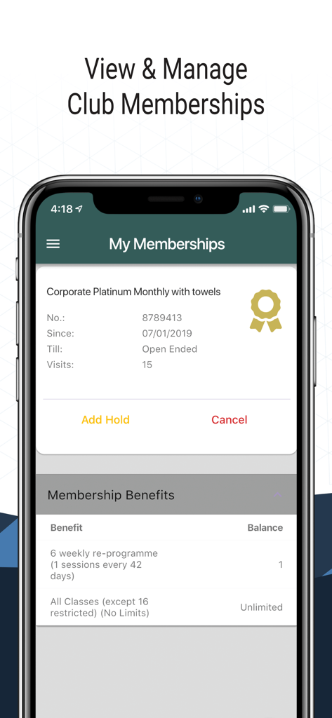 Smartphone screen showing the membership details and benefits section of the GymMaster Member app