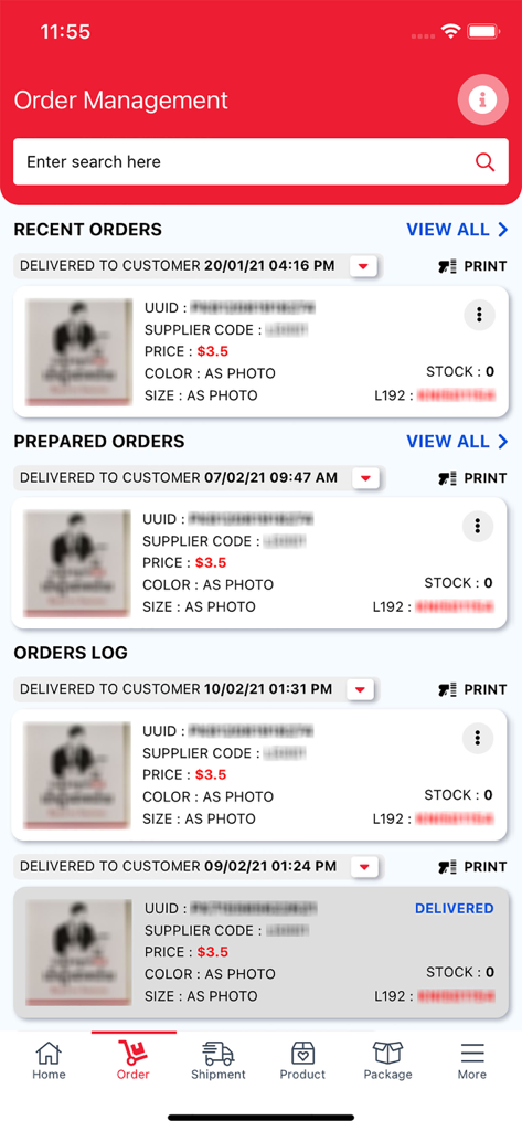 L192 Delivery and Business - Order Management interface of the L192 Delivery and Business app displaying recent and prepared customer orders with product details
