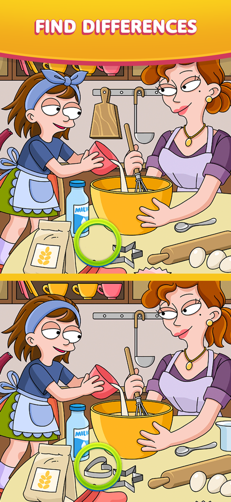 Find Easy - Hidden Differences - 女性と少女がキッチンで料理をしている間違い探しパズルレベル