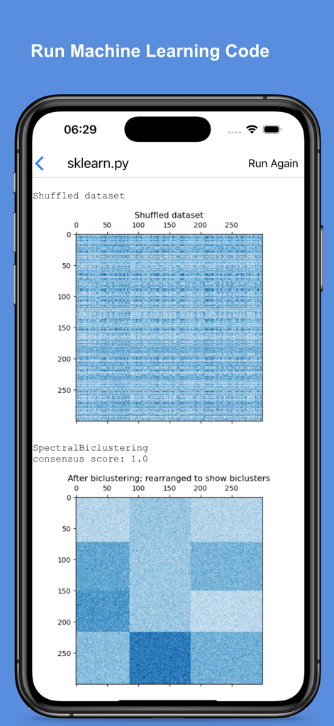 Python Coding IDE - Machine learning code output showing data visualization heatmaps on a mobile Python IDE