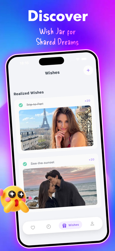 Drawn - Record Love - Drawn app screenshot showing the Wish Jar feature for couples to track shared dreams and realized wishes