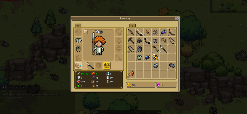 Interface de inventário do jogo Heartwood Online mostrando equipamentos do personagem e slots de itens