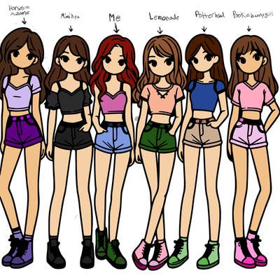 a group of girls wearing crop tops and shorts