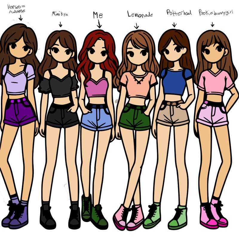 a group of girls wearing crop tops and shorts
