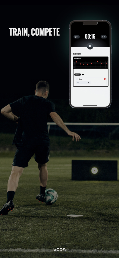 Voon Sports - A soccer player training with a smart rebounder and the Voon Sports app showing reaction speed data.
