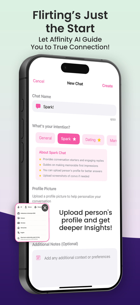 Affinity AI - Affinity AI app showing the Spark chat mode for flirtation and dating profile analysis