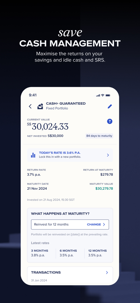 Syfe: Invest, Trade and Save - Syfe app interface showing the Cash Plus Guaranteed portfolio with current value and return rates