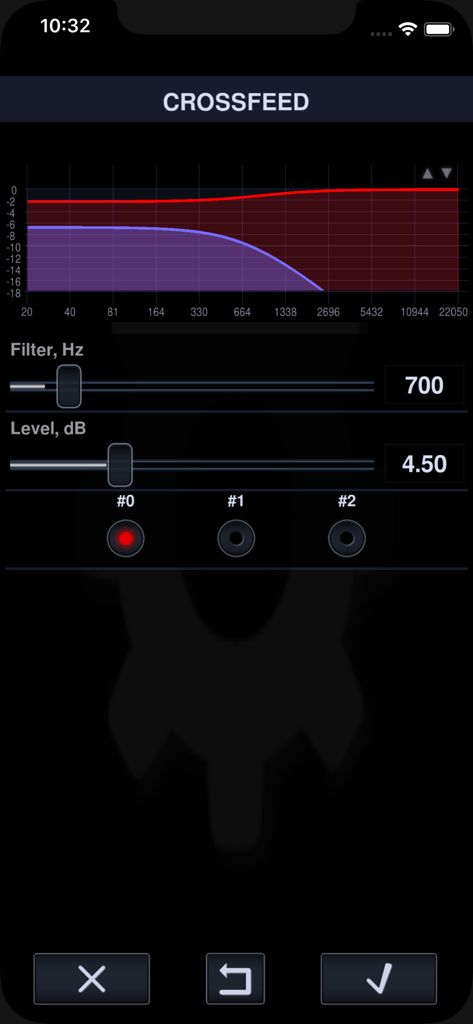 Interface do efeito DSP Crossfeed no Neutron Music Player mostrando controles deslizantes de frequência e nível e um gráfico de resposta