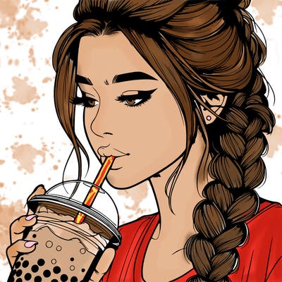 realistic girl drinking boba tea with braided hair