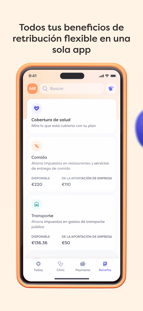 Mobile app interface displaying employee benefits for health food and transport with balance amounts