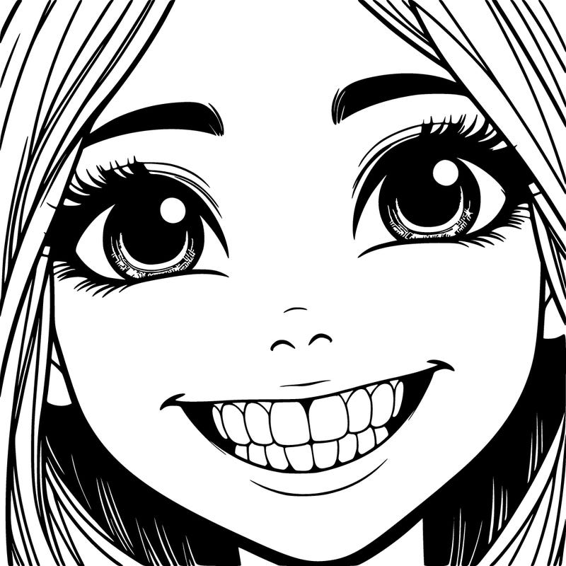 girl who’s smiling with her teeth showing and her eyes open and only showing her face realistic