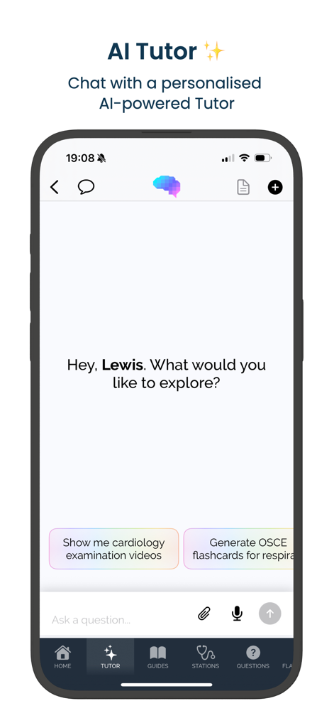 Geeky Medics - OSCE revision - Geeky Medics app AI Tutor screen showing a personalized medical study chat interface
