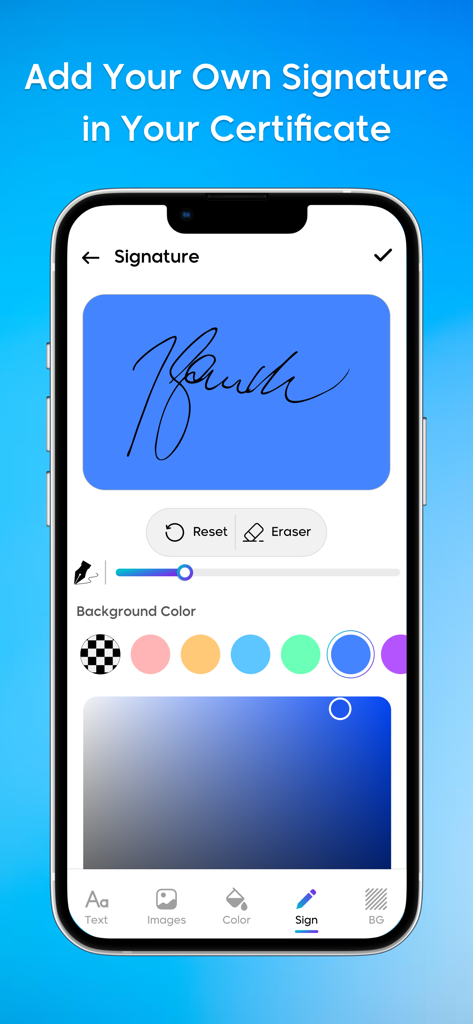 Mobile app interface showing a tool to create and add a digital signature to certificates