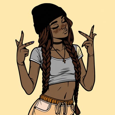 realistic teenage girl with braids and a beanie and crop top doing 🫶🏼