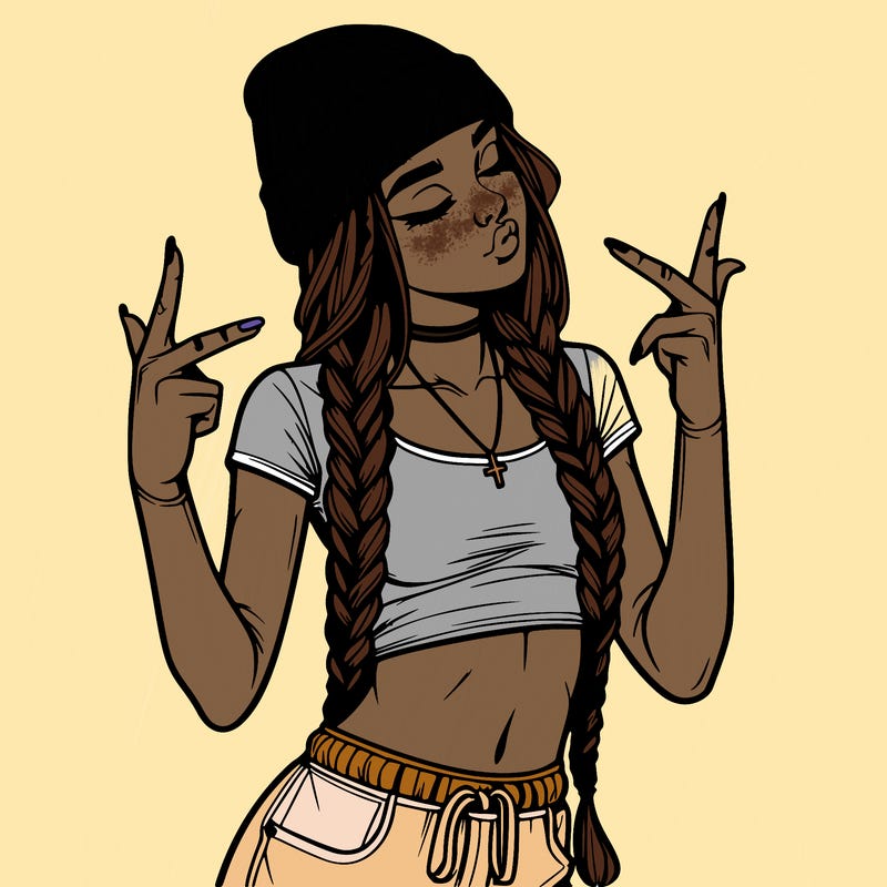 realistic teenage girl with braids and a beanie and crop top doing 🫶🏼