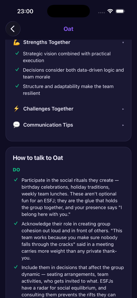 VerType: Personality Types - Communication tips and social interaction guide for an ESFJ personality type in the VerType app