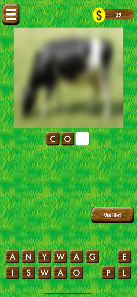 Name The Animal - Word Game - A mobile word game interface showing a blurred image of a cow and letter tiles to spell the name