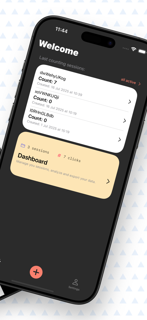 Click Counter - People Tracker - Captura de tela da tela inicial do aplicativo Contador de Cliques mostrando sessões de contagem recentes e um resumo do painel em um iPhone.
