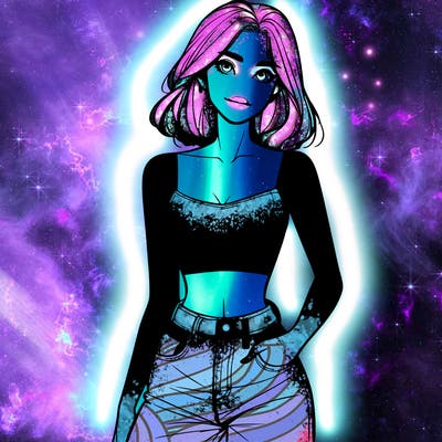 a realistic girl with a crop top and jeans