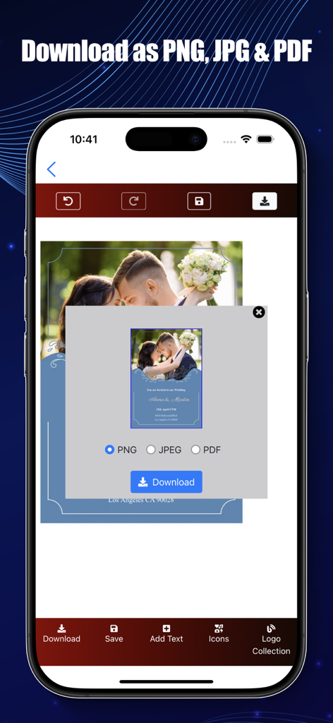 Invitation Maker: Card Design - Un écran de smartphone montrant les options d'exportation pour une invitation de mariage personnalisée avec des choix pour les formats PNG, JPEG et PDF.