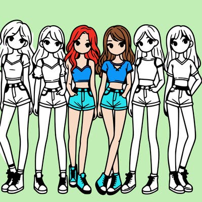 a group of girls wearing crop tops and shorts