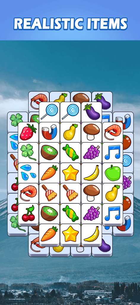 Tile Master Pro: Triple Match - Uma grade colorida de peças de itens realistas como frutas e vegetais no jogo de puzzle Tile Master Pro